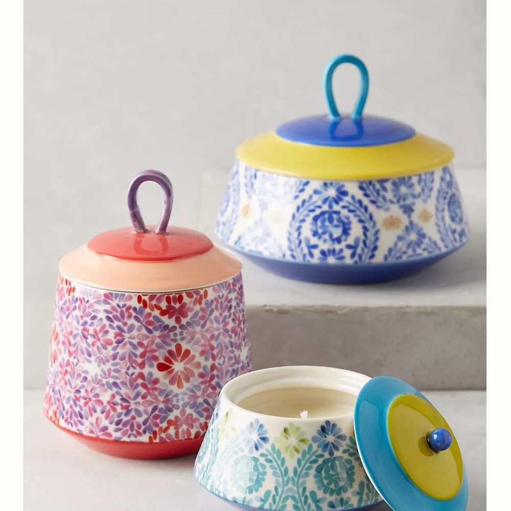Anthropologie Blue & Gold Floral Ceramic candle EMPTY Container. ♻️No candle♻️